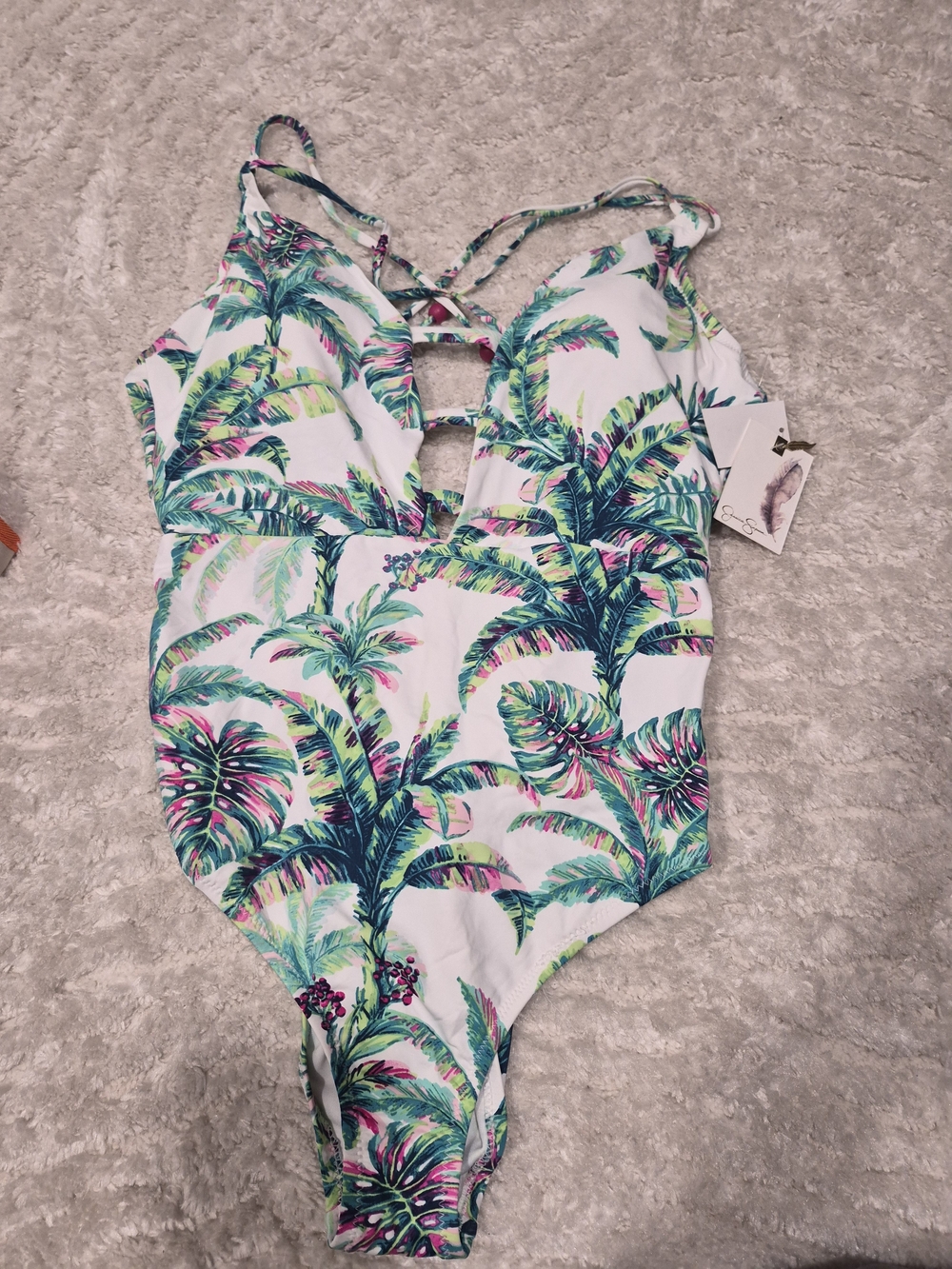 Jessica Simpson White One-Piece Swimsuit with Green Tropical Palm Print